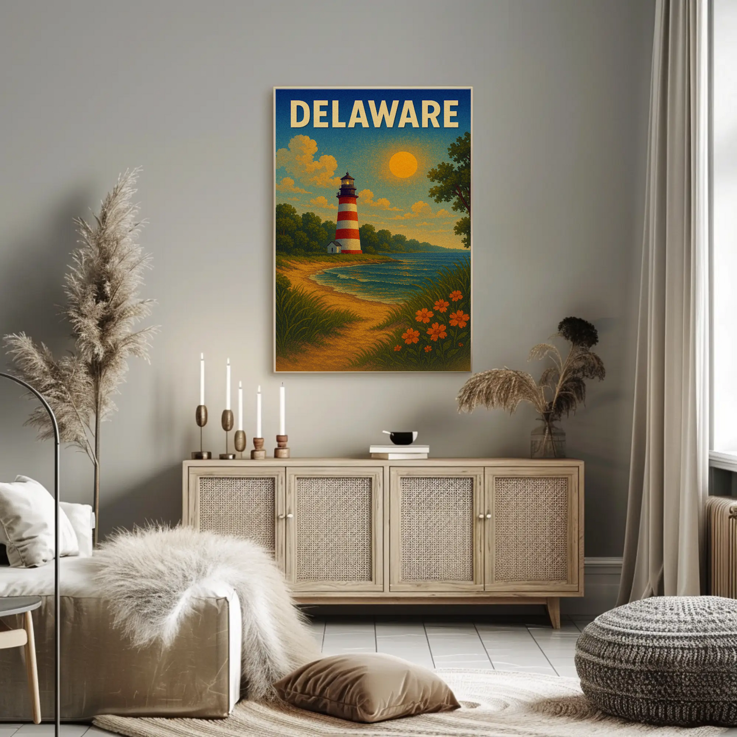 Delaware Striped Lighthouse Sunset Beach Travel Poster
