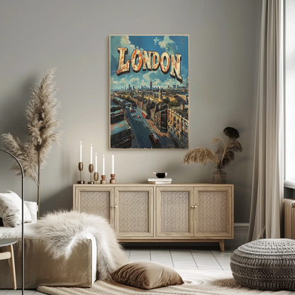 London Rooftop Cityscape Red Bus Skyline Travel Poster