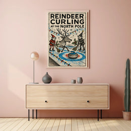 Reindeer Curling at the North Pole Poster
