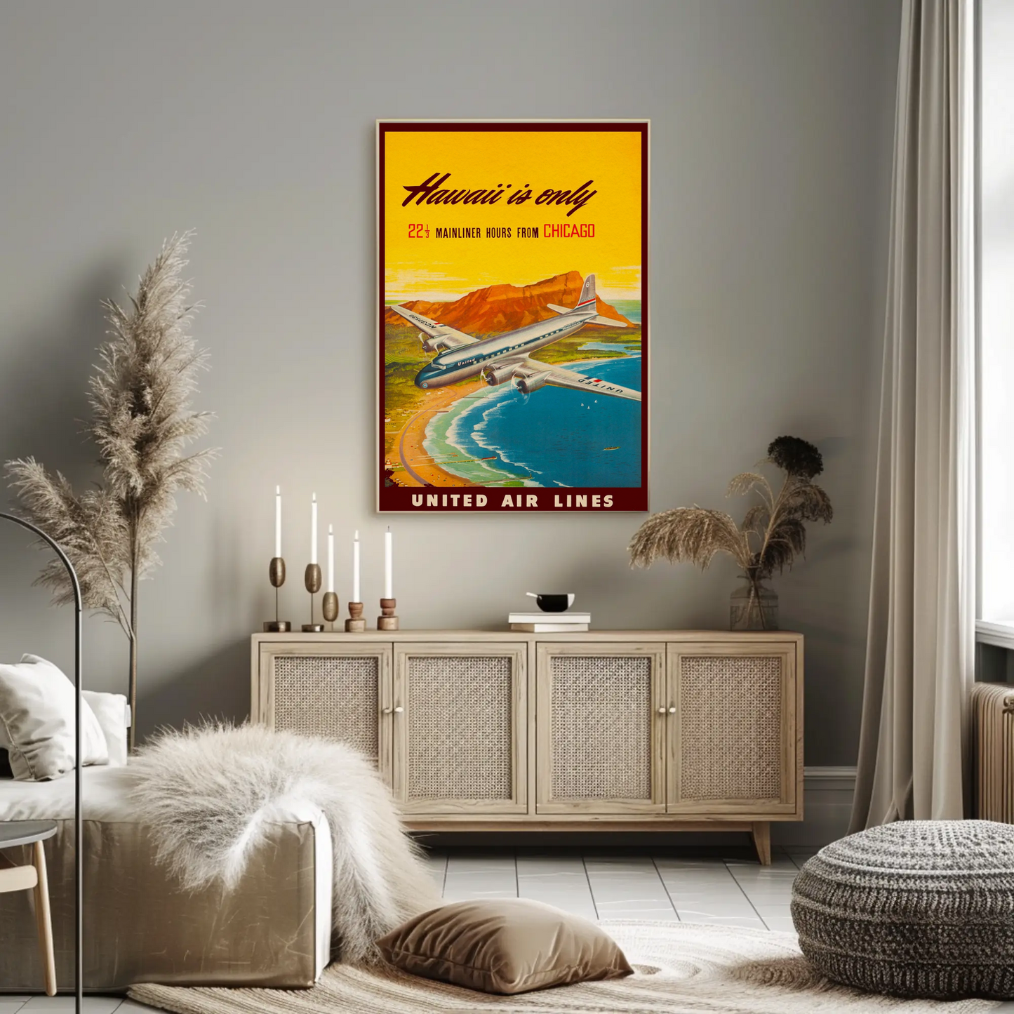 Hawaii United Chicago Flight Scenic Travel Poster