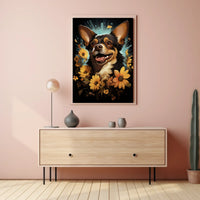 Joyful Dog with Flowers Nature Art Poster