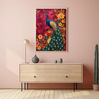 Majestic Peacock Amidst Lush Blooms: Artistic Animal Poster
