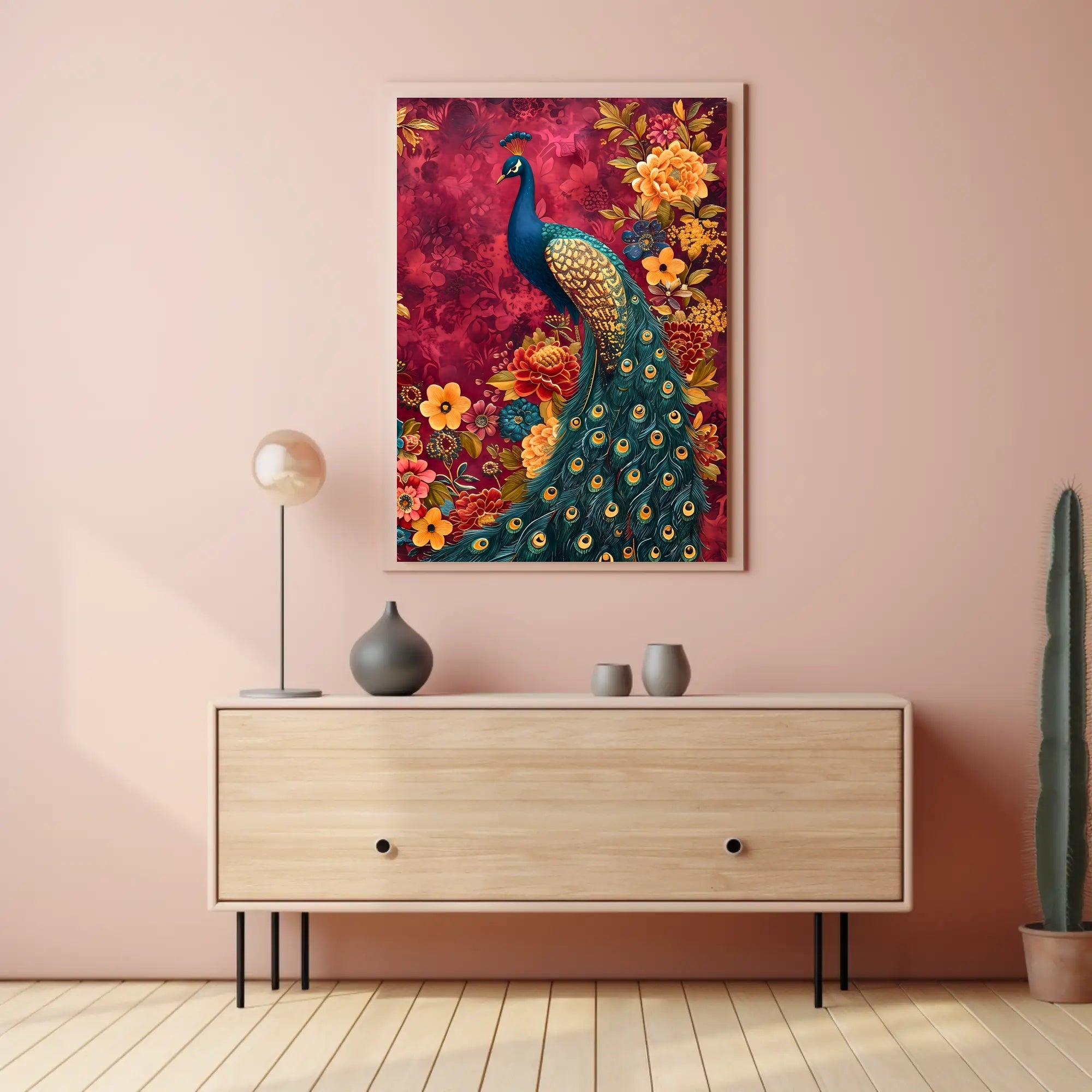Majestic Peacock Amidst Lush Blooms: Artistic Animal Poster