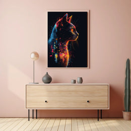 Neon Cat in Futuristic Cityscape Poster