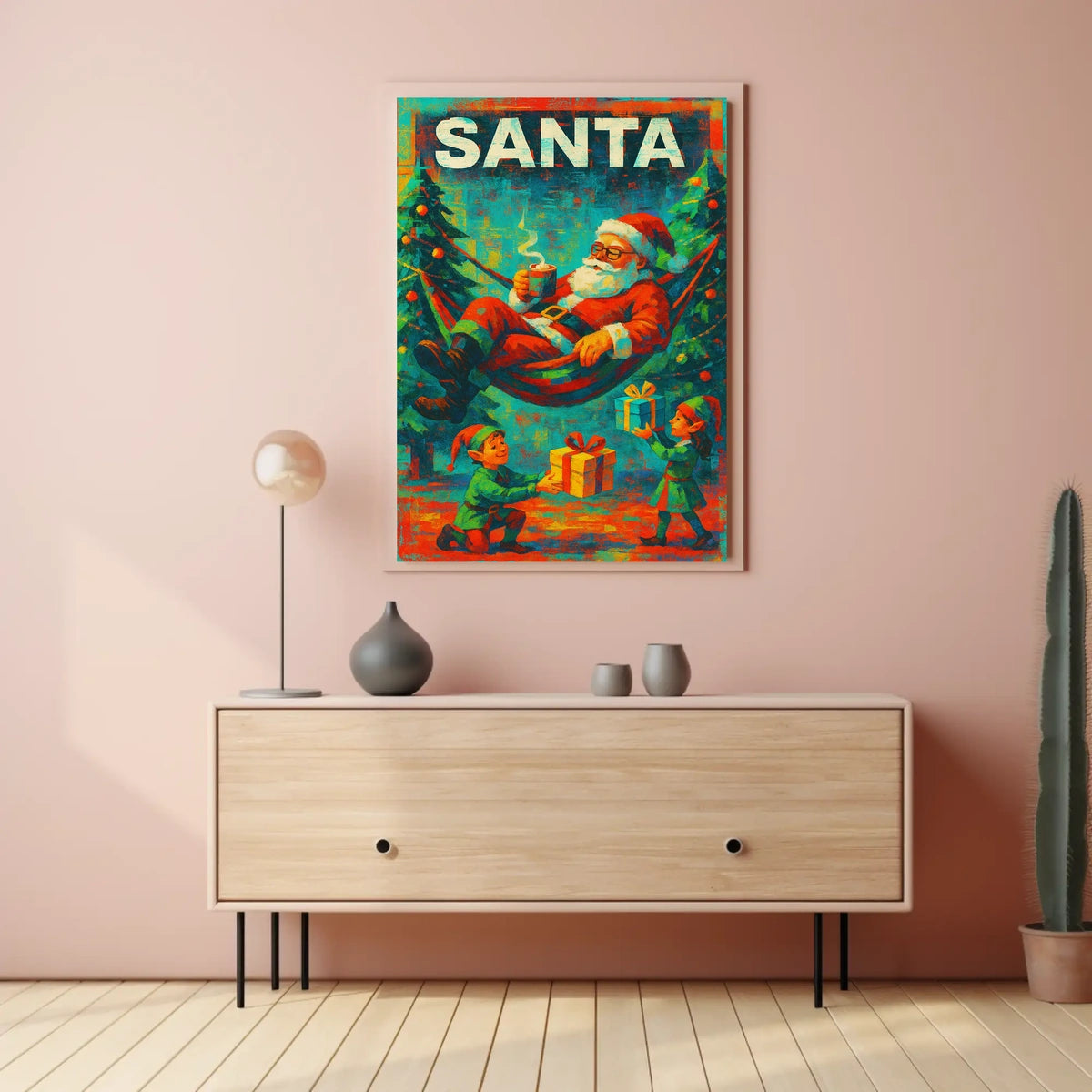 The poster features a festive Christmas theme with a playful depiction of Santa Travel Poster