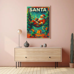The poster features a festive Christmas theme with a playful depiction of Santa Travel Poster