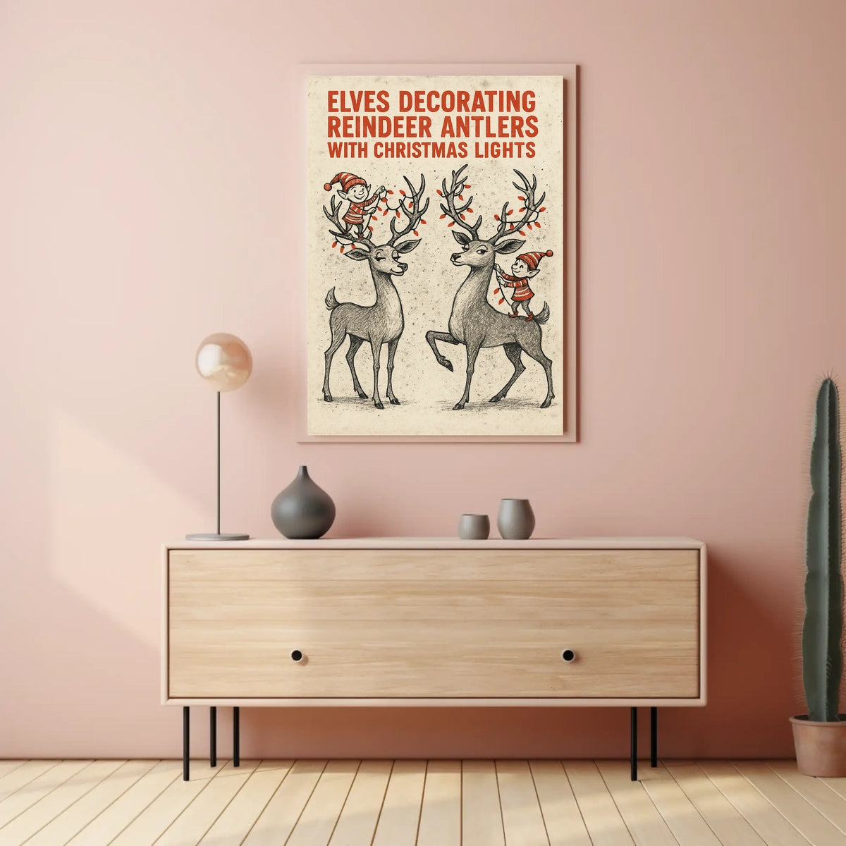 Elves Decorating Reindeer Antlers Poster