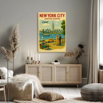 New York City 1950s Skyline Brooklyn Bridge Travel Poster