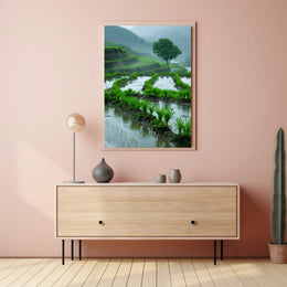 Peaceful Terraced Rice Paddies in Rainy Rural Landscape Poster PosterGoat