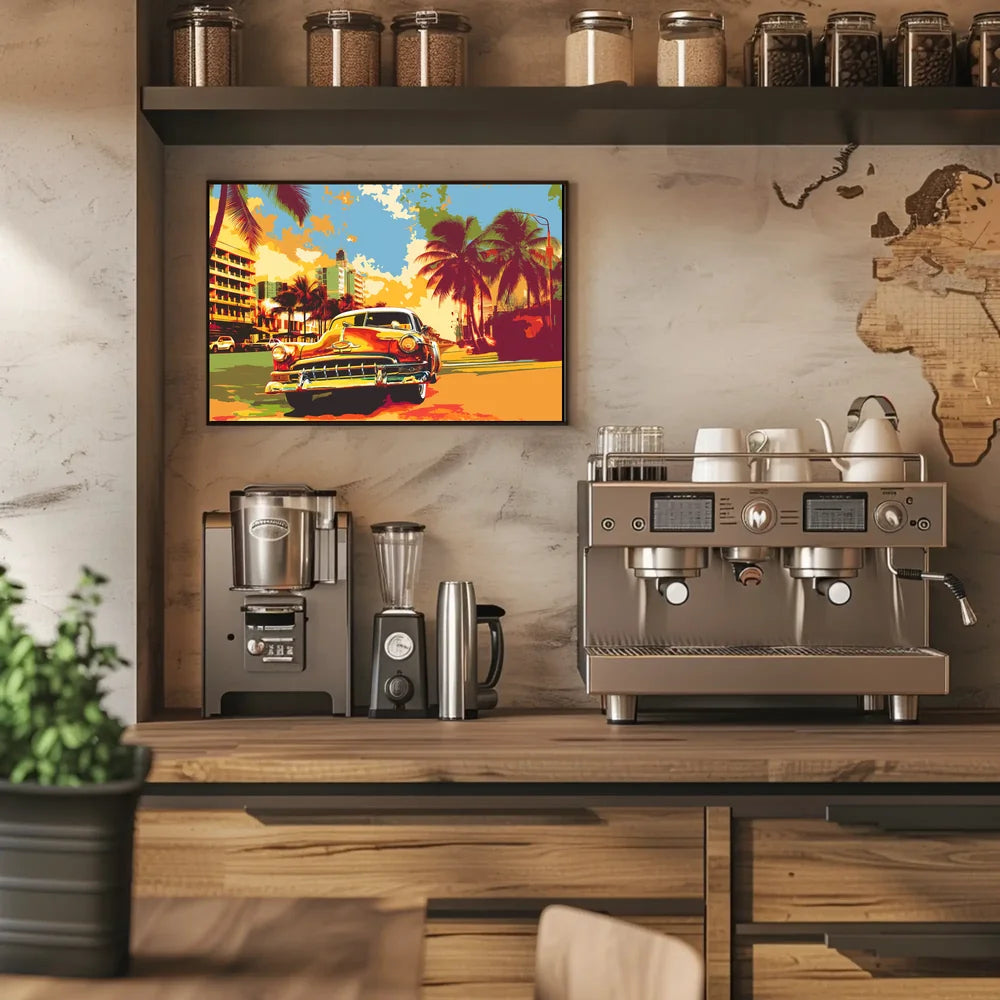 Vintage Car Tropical Cityscape Pop-Art Poster