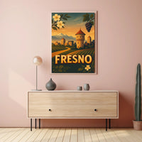 Fresno Vintage Travel Art Poster with Sunset Scenery