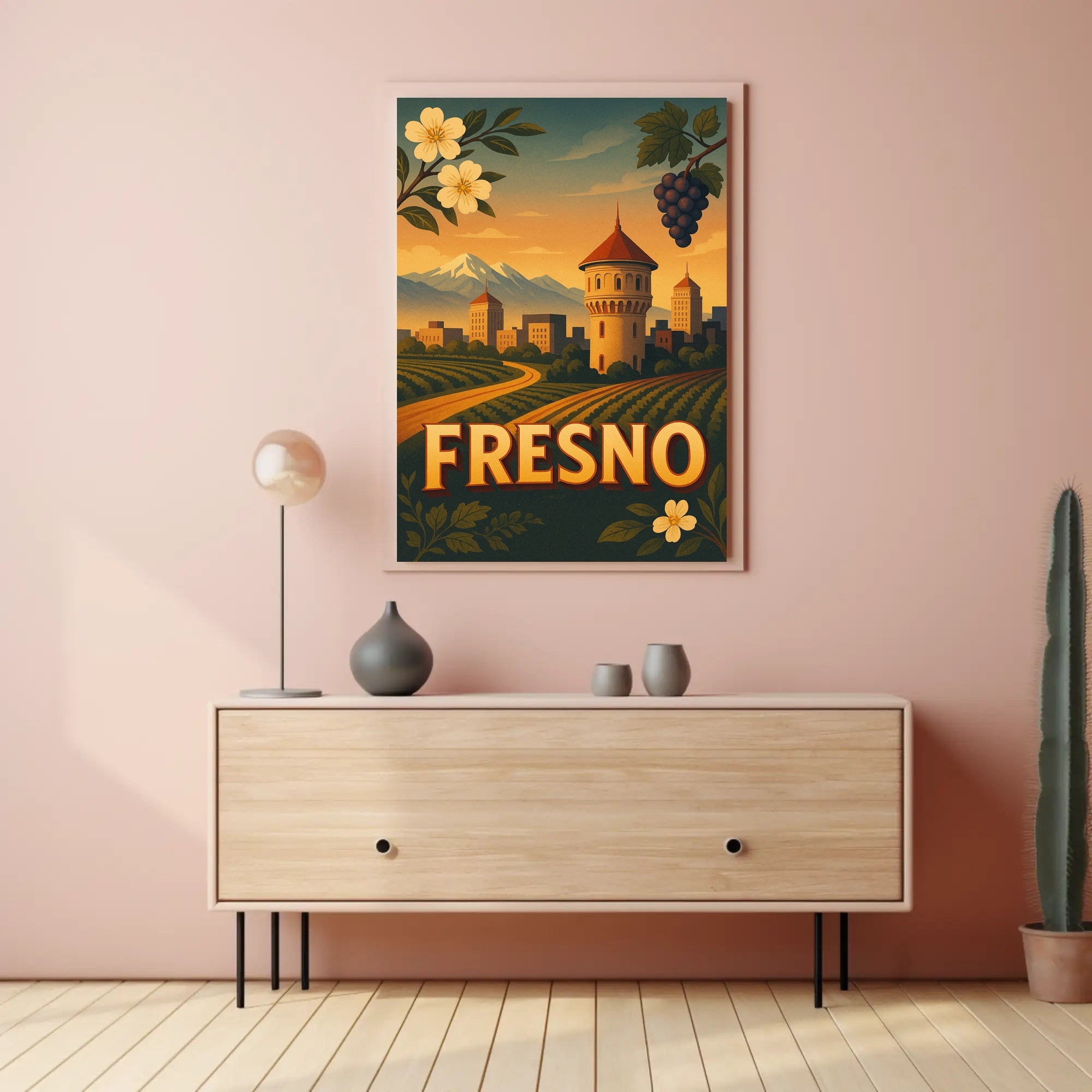 Fresno Vintage Travel Art Poster with Sunset Scenery