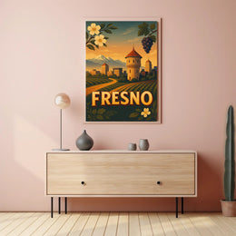 Fresno Vintage Travel Art Poster with Sunset Scenery