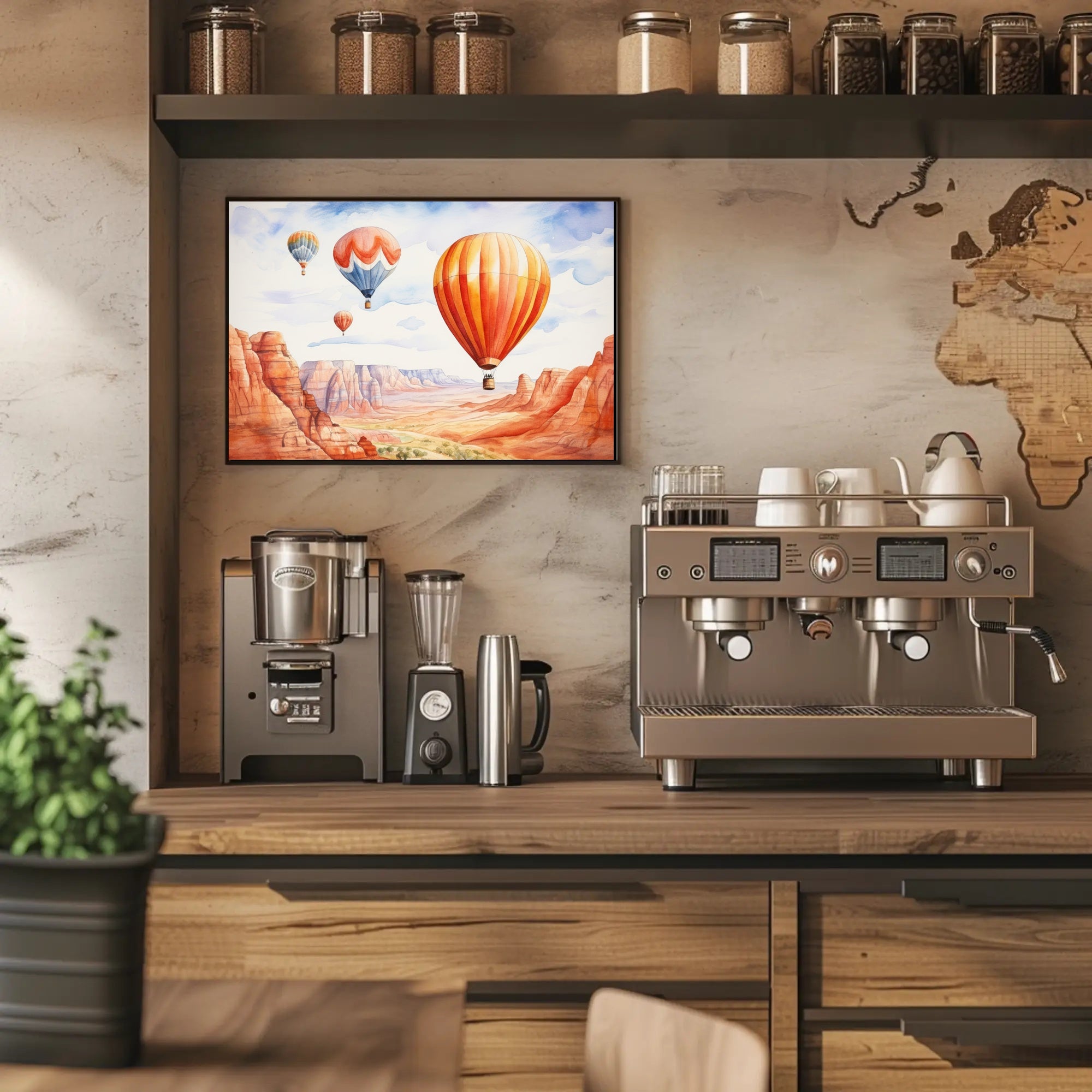 Hot Air Balloons Over Canyon Landscape Poster