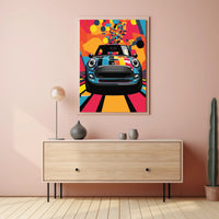 Mini Car Pop Art Poster: Vibrant Geometric Design