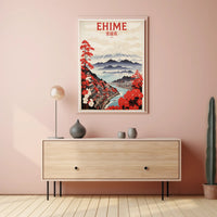 Stylized Traditional Ehime Japan Landscape Art Travel Poster