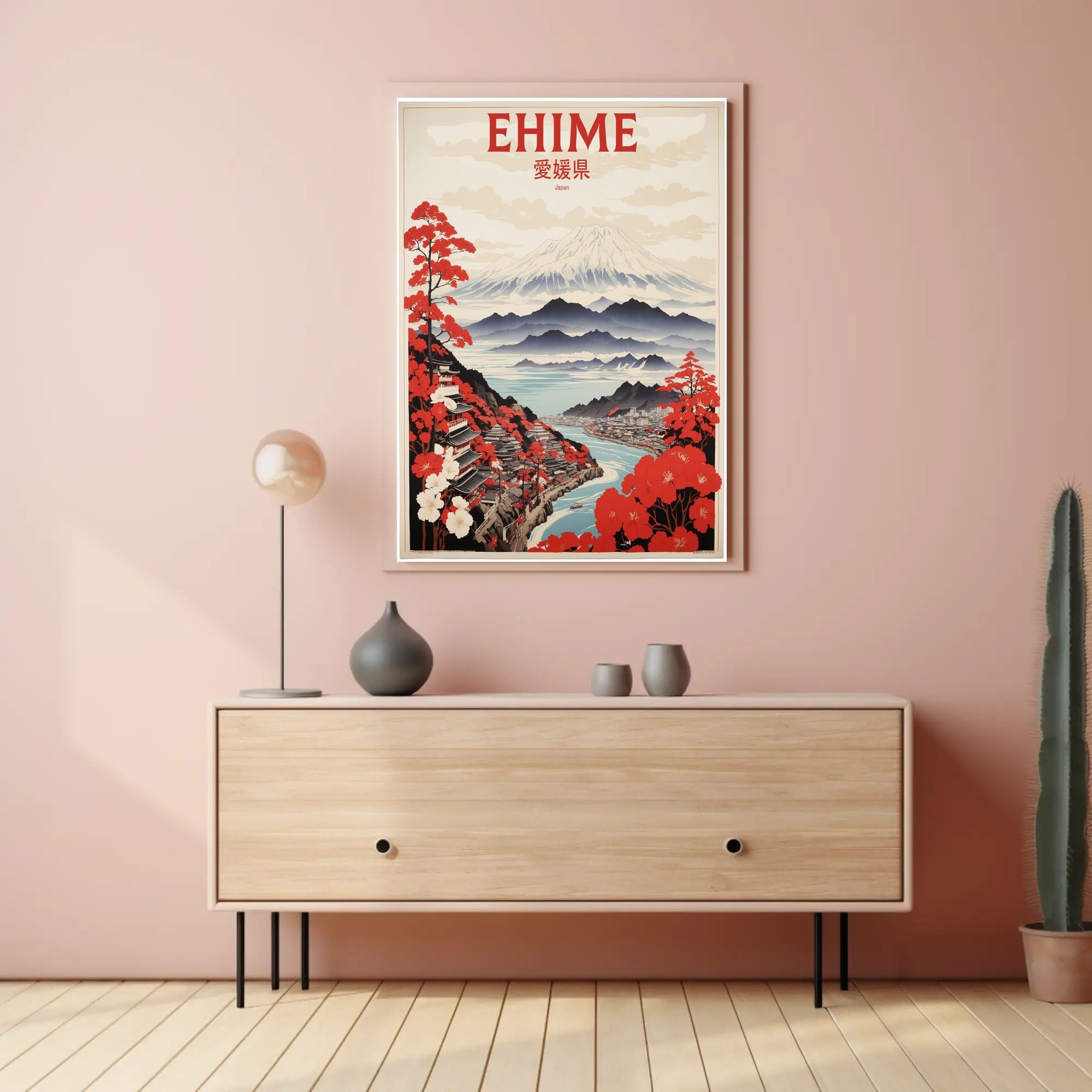 Stylized Traditional Ehime Japan Landscape Art Travel Poster