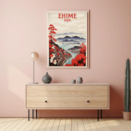 Stylized Traditional Ehime Japan Landscape Art Travel Poster