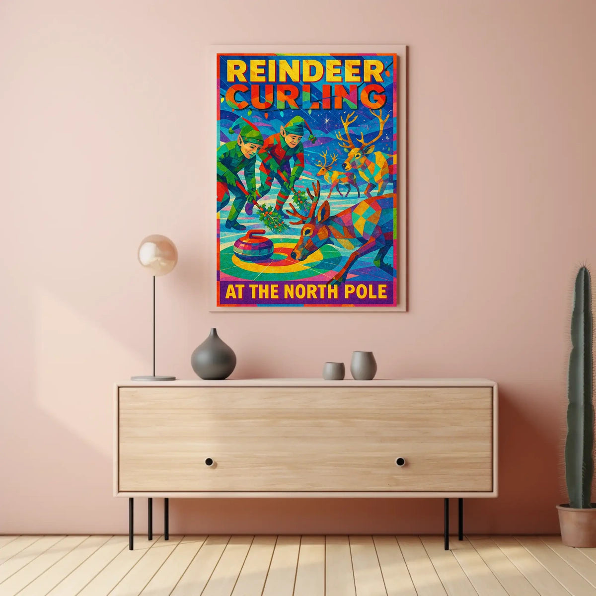 Reindeer Curling at the North Pole Poster