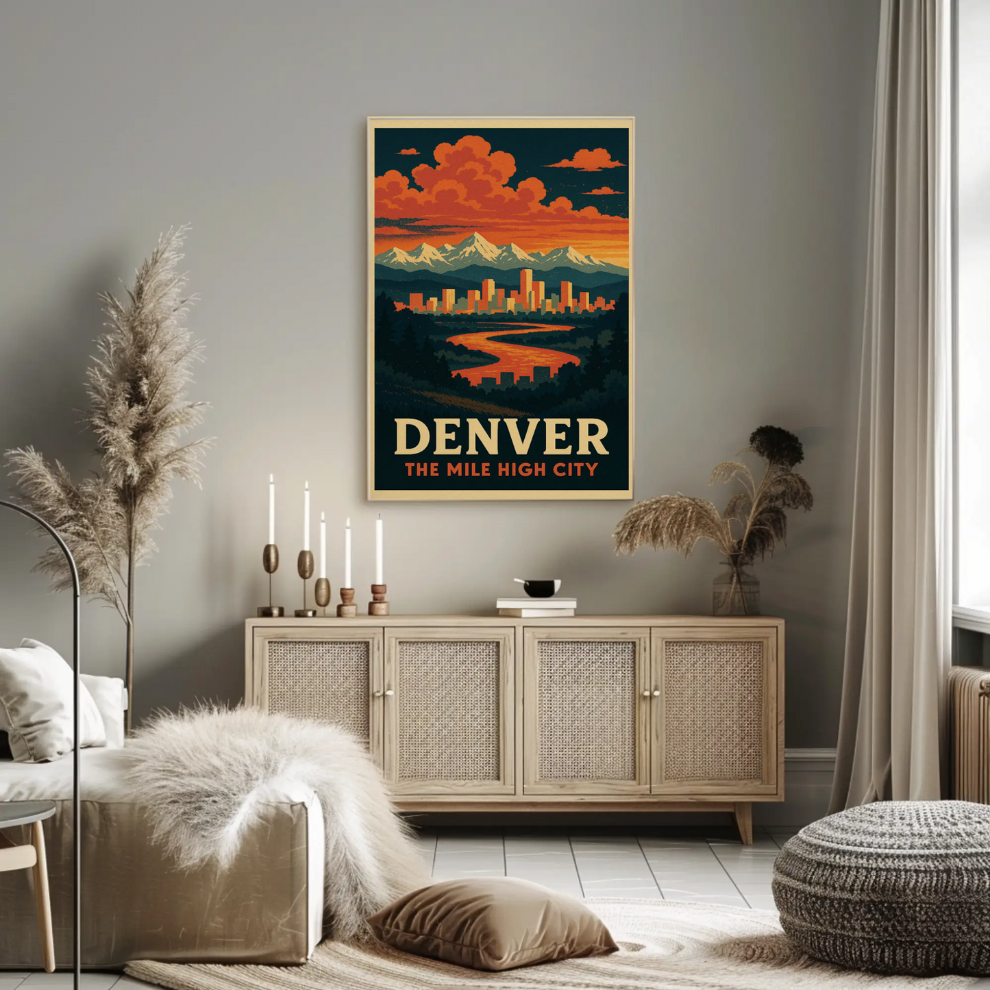 Denver Colorado Sunset Skyline Mountains Travel Poster