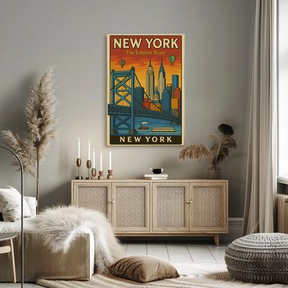 New York Empire State Skyline Bridge Vintage Poster