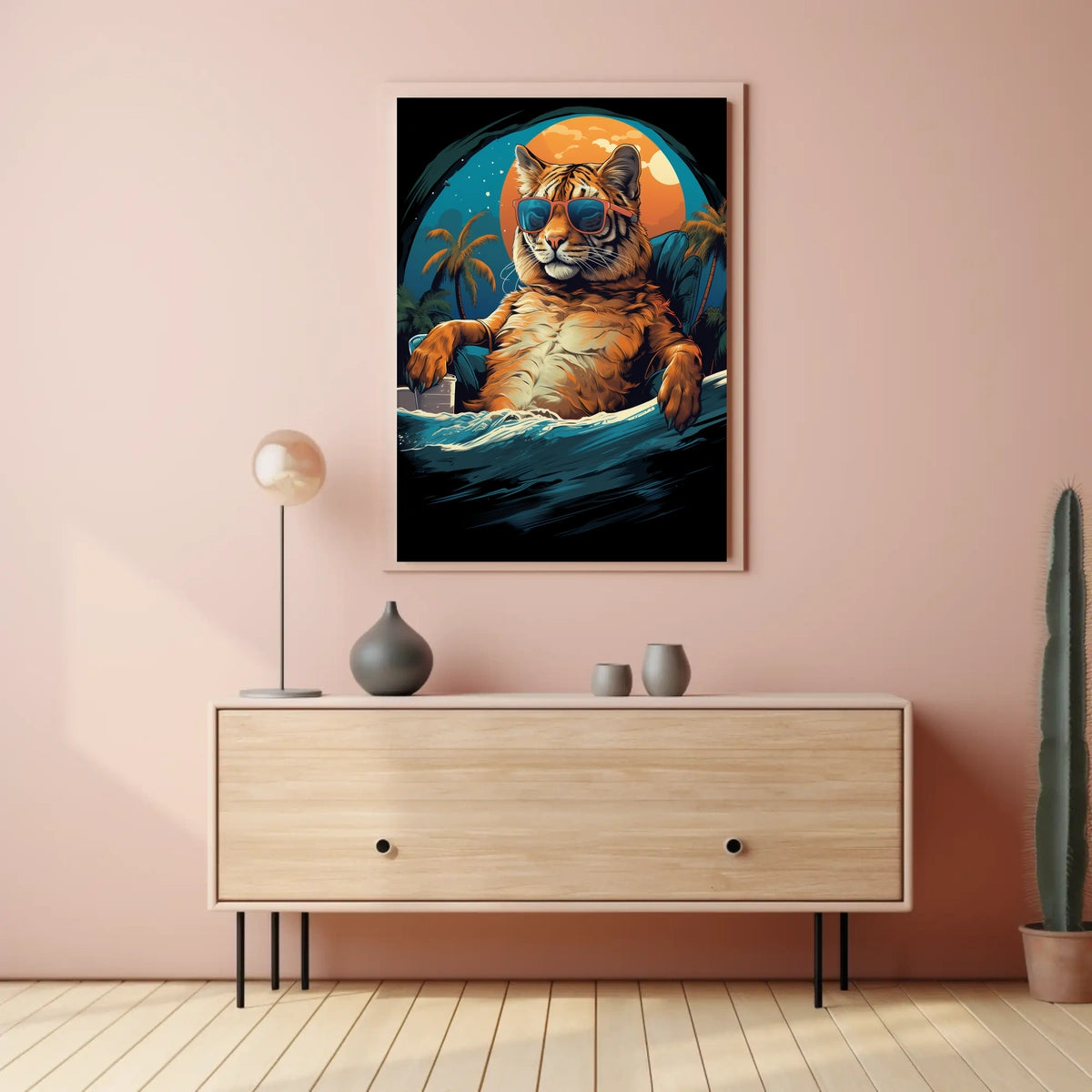 Relaxed Tiger on Beach Artistic Animal Poster