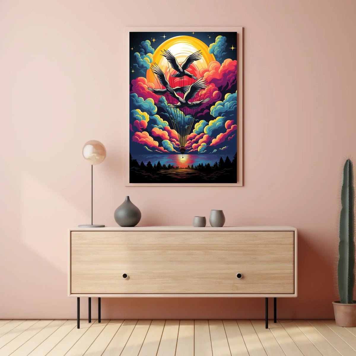Surreal Birds and Balloon Adventure Art Poster