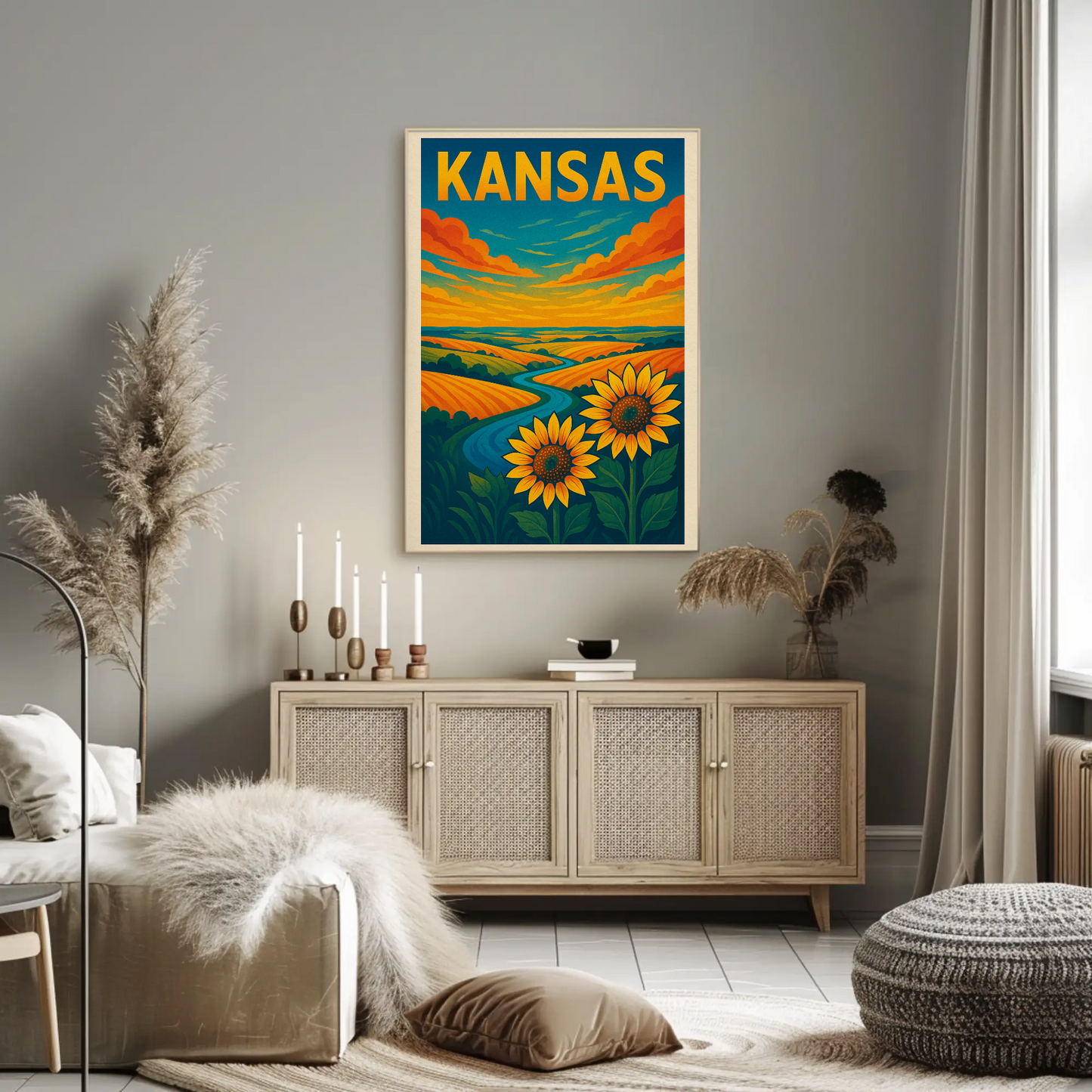 Kansas Sunflower Fields River Prairie Landscape Travel Poster