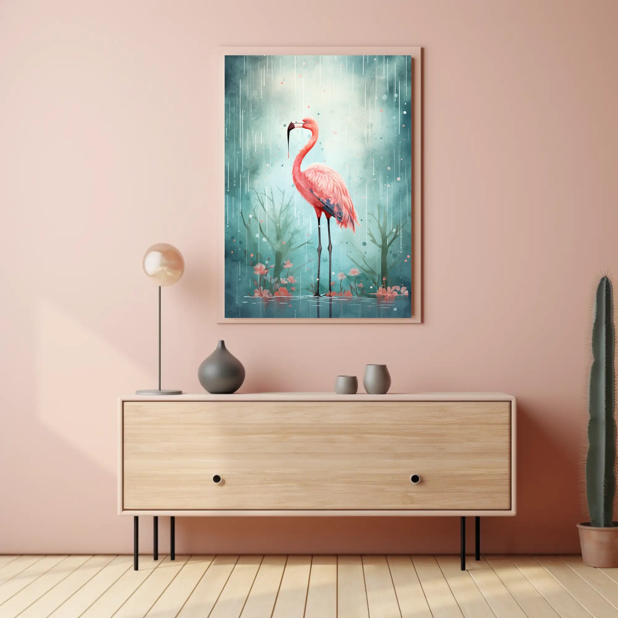 Flamingo In The Rain Poster