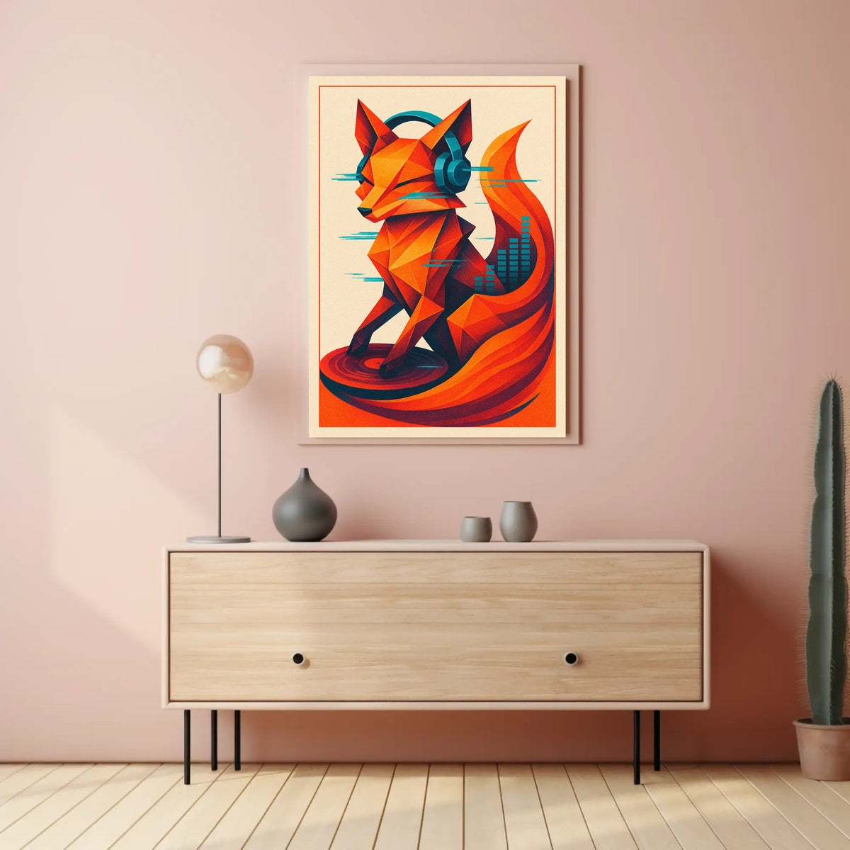 Geometric Fox With Headphones Poster