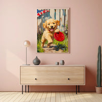 Golden Retriever Puppy Running With Red Frisbee Poster