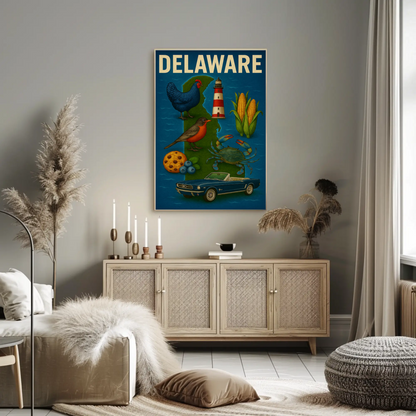 Delaware State Symbols Chicken Mustang Crab Travel Poster
