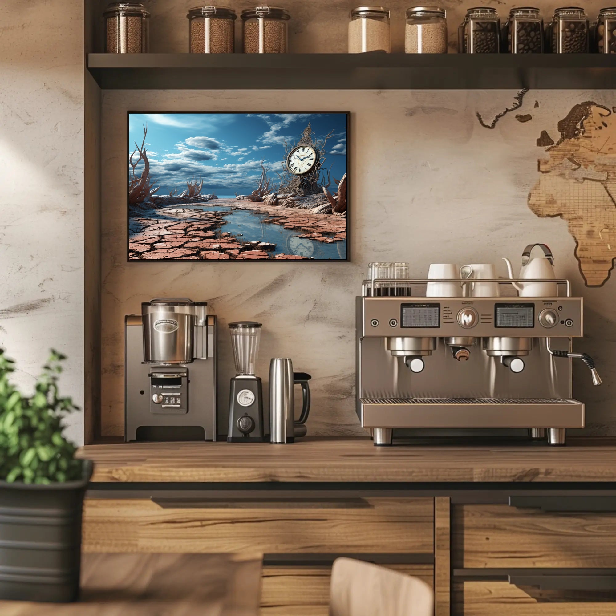Surrealistic Timepiece in Arid Dreamscape Artistic Poster