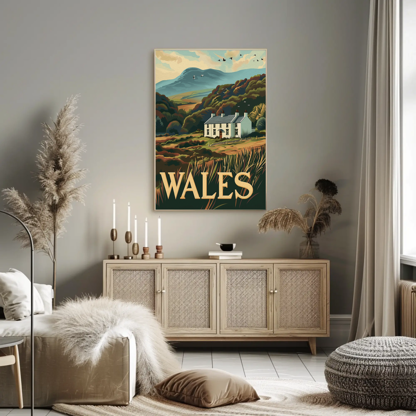 Wales Country Home and Hillside Travel Poster