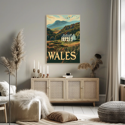 Wales Country Home and Hillside Travel Poster