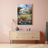 Classic White American Farmhouse With American Flag Poster