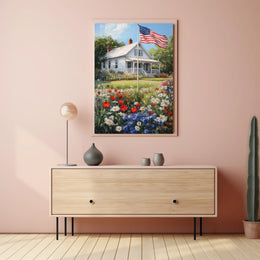 Classic White American Farmhouse With American Flag Poster