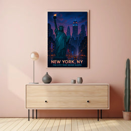 New York City Skyline Night View Poster Modern Wall Art