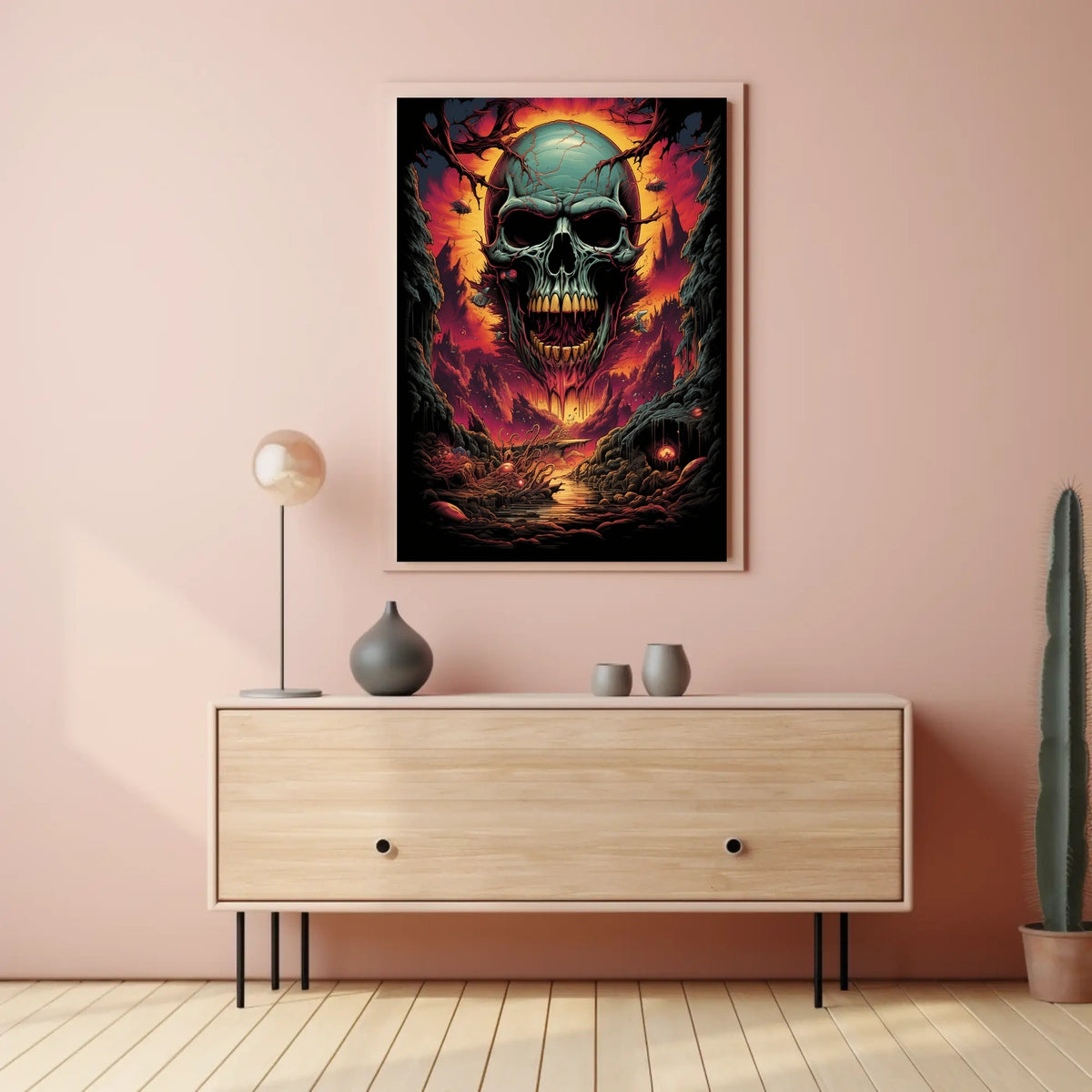 Eerie Skull Over Fiery Alien Landscape Poster