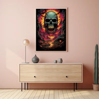 Eerie Skull Over Fiery Alien Landscape Poster