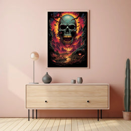 Eerie Skull Over Fiery Alien Landscape Poster