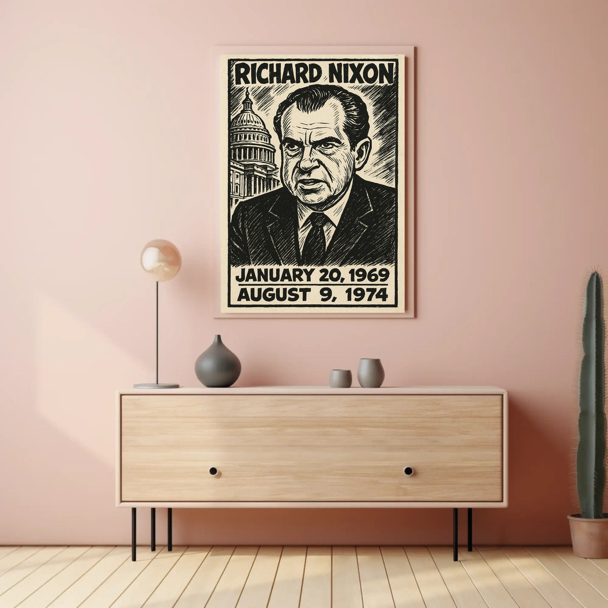 Richard Nixon 37th President of the United States B & W Comic Sketch Poster
