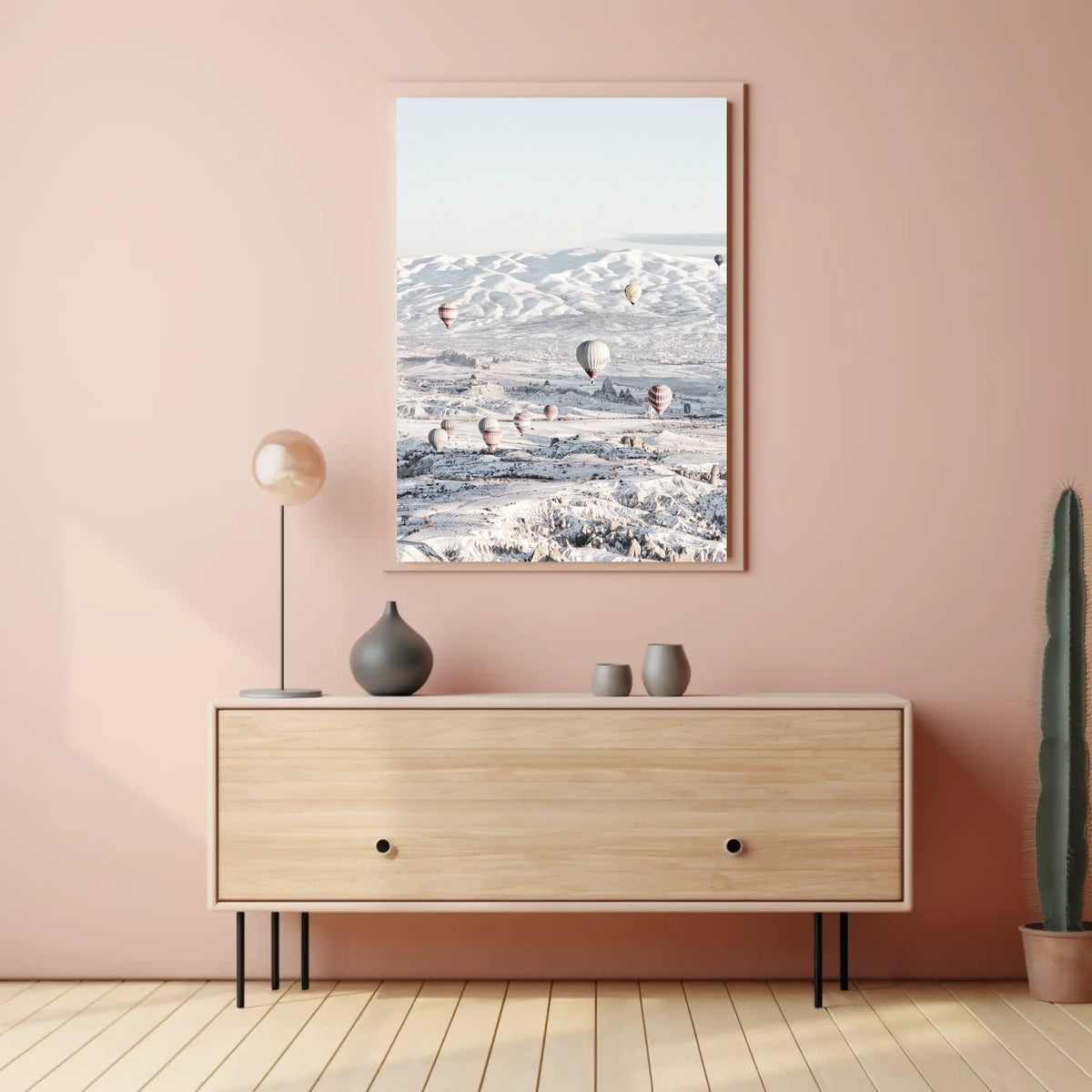 Serene Hot Air Balloons Over Snowy Landscape Travel Poster