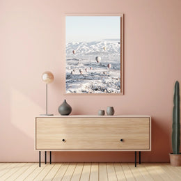 Serene Hot Air Balloons Over Snowy Landscape Travel Poster