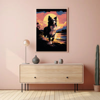 Running Dog at Sunset Shoreline Animal Poster