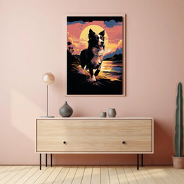 Running Dog at Sunset Shoreline Animal Poster