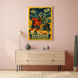 Whimsical Reindeer Ice Hockey Vintage Sports Poster