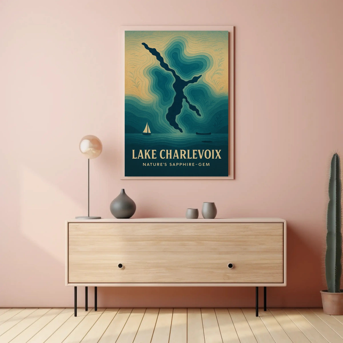 Lake Charlevoix: Sapphire-Gem Abstract Map Travel Poster