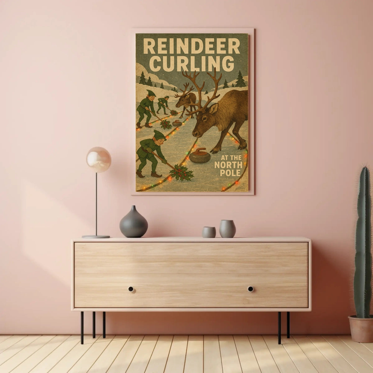 Reindeer Curling at the North Pole Poster