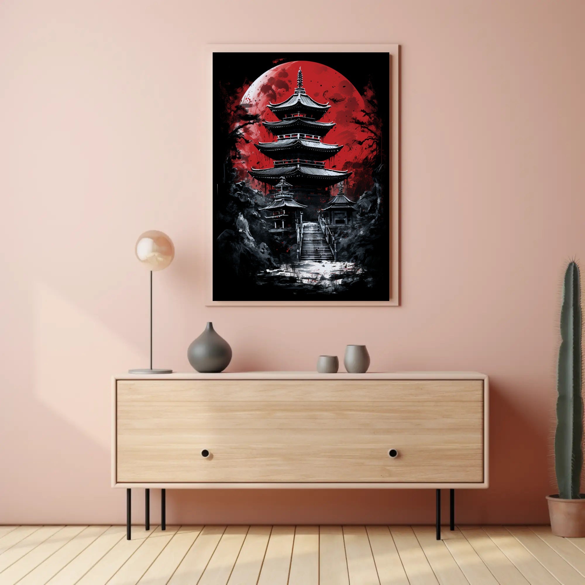 Traditional Japanese Pagoda with Red Moon Cultural Poster